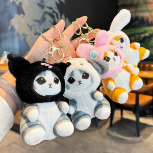 Kawaii My Melody Kuromi Cinnamoroll Pochacco Dress-up Cat Plush Dolls Keychain Anime Shark Cat Schoolbag Backpack Couple Pendant