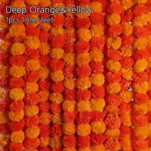 JIYAN2866 1.5m Marigold Garland Long Strands Artificial Pooja Diwali Fiesta Marigold Flower Garlands Hindu Pooja Ceremony Bendable Indian Festival Garland for Halloween Day of The Dead