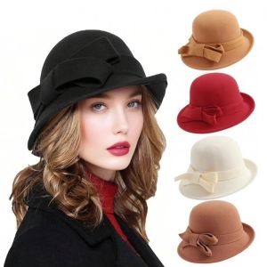 BABYBANG Bow Wool Bucket Hat French Style Felt Panama Hat Exquisite Hepburn Style Black Topper Hat Ladies