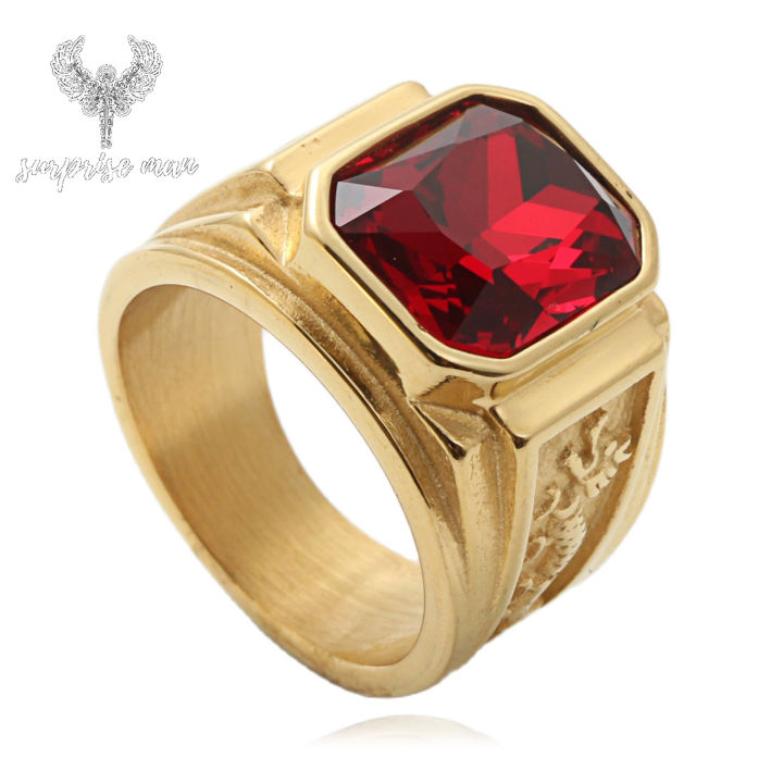 SM Mens Ring Stone Engraved Dragon 18k Gold with Gem Pawnable Wedding  Square Fashion Retro Men's Rings Jewelry Gift Bands for Male International  Size