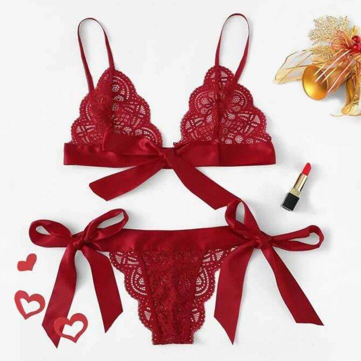 Limea Sexy Lingerie Women Women Bra Sexy Underpant Scalloped Trim Tie Side Lace Set Lingerie Bow 3274