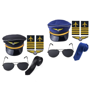 Captain Costume Accessory with Hat Epaulettes Embroidered Applique Neck Tie Glasses for Men Halloween Cosplay