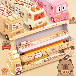 3 Layers Capybara Stationery Box School Bus Design Multi Functional Large Capacity Pencil Case