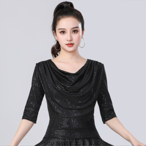 New Latin dance clothing for spring and summer adult sequined pleated short sleeved top
