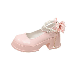 Free Shipping WomenS High-Heeled Shoes New Autumn Collection Round Toe Chunky Heel White With Pearl And Bow Embellishments Perfect For Pairing With Dresses