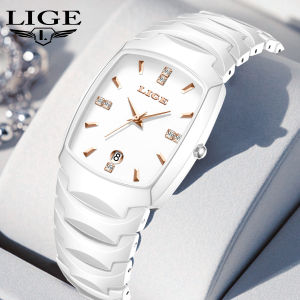 LIGE Fashion Watch Women Ceramic Strap Calendar Watch Waterproof Quartz Watch for Couples + Box