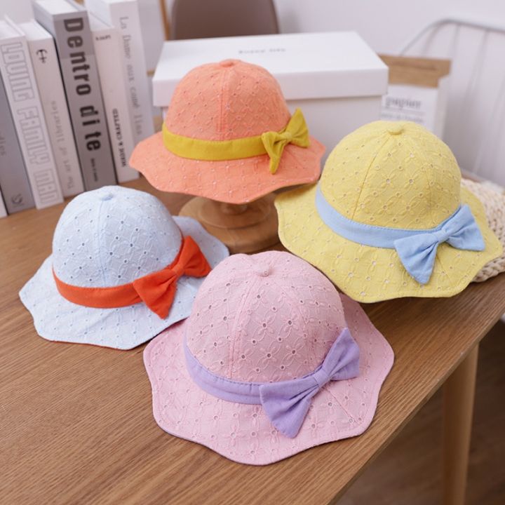 Cute Bows Baby Hat Breathable Hollow Summer Kids Girl Bucket Cap