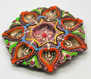 Handcrafted Clay Diya Thali Plate | 7 Wick Diya Plate | Festival Decor Lighting Diya(Size - 8inches)