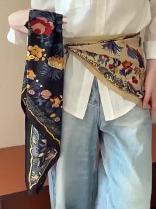 Womens Necktie Silk Satin Floral Triangle Scarf Elegant Matching Pants Decorative Headscarf Summer