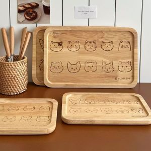 ESFDGL Dog/Cat Pattern Wooden Dinner Plate Anti-Scalding Insulated Food Baking Pan Cute Rectangular Dessert Serving Board Kitchen