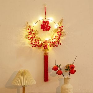 IPIE2 Three-dimensional FU Wreath Garland FU Character Led Light Family Atmosphere Decorative Pendant Festive Atmosphere Decor Durable New Years Blessing Wreath New Year Hanging Ornament