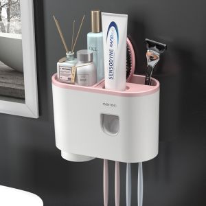 Wall-Mounted Toothpaste And Toothbrush Holder Mengni Dispenser Odol Sikat Rak Sikat Gigi & Gelas Magnetic Wall Mounted Toothbrush Holder