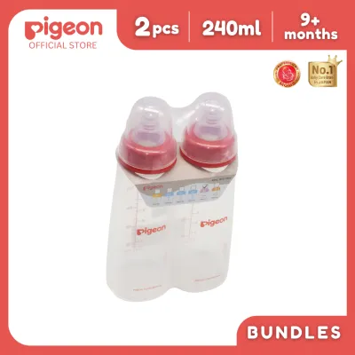 Pigeon Official - PP Slim Neck Standard Feeding Red Bottle Fast Flow 240ml (L) 9+ Months Twin Pack Anti Colic No Nipple Confusion BPA Free Soft Flexible Nipples Japan No. 1 Brand
