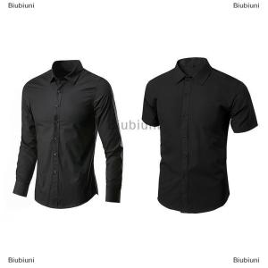[COD] Biubiuni Người Đàn Ông Màu Đen Dài Tay Ngắn Tay Áo Sơ Mi Tinh Khiết Màu Nút Cao Cổ Áo Sơ Mi Phần Cơ Bản