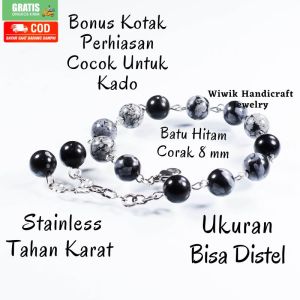 Gelang Tangan wanita / Gelang Batu Cewek Stainless Tahan Karat Batu Beads Jesper Hitam Corak 8 mm Kado Hadiah Terbaru