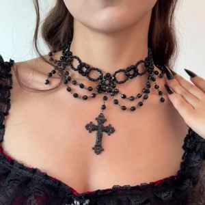 IngeSight.Z Gothic Exquisite Cross Pendant Necklace Woman Creative Design Black Crystal Beads Choker 2024 Female Y2K Jewelry