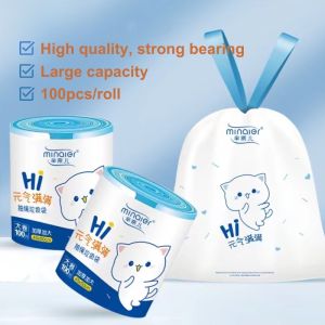 100pcs Drawstring Garbage Bag Cartoon Print Thickened Automatic Closing Kitchen Trash Bag Home Accessory