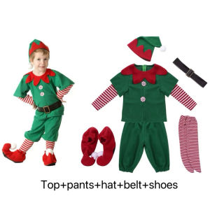 09 Halloween Girls Boys Christmas Santa Claus Costume Green Elf Cosplay Family Christmas Party Clothes