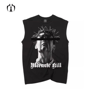 MIRACLEKILL เสื้อยืดกีฬาหัวแฟชั่นของผู้ชายแขนกุดเสื้อกั๊กลำลองสำหรับเสื้อกั๊กผ้าฝ้ายคอกลมล้วนสำหรับฤดูร้อน