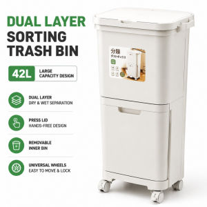 42L Dual Layer Trash Bin With Wheels Sorting Garbage Bin Press Lid Kitchen Waste Bin Home