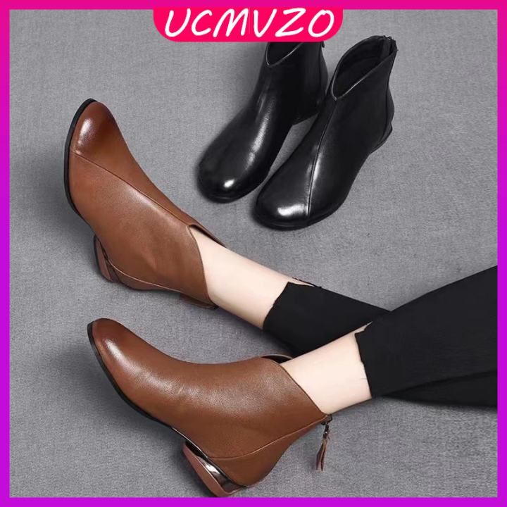 UCMVZO Martin boots autumn and winter models leather short boots women plus  heel women s boots single boots low-heeled mid-heel pointed fashion boots