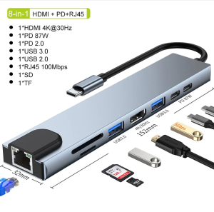 【Hàng tồn kho đã sẵn sàng】♥Miễn phí vận chuyển + COD♥USB C HUB Loại-C 3.1 đến 4K HDMI tương thích RJ45 USB SD/Đầu đọc thẻ TF PD sạc nhanh 8 trong 1 Dock USB cho Macbook PC