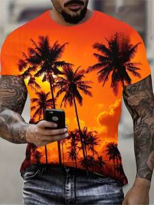 wish3d Printed short-sleeve shirt with Hawaiian coconut tree pattern T Shirt Hot-selling cool sun protection tops