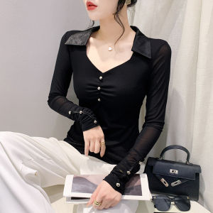 Ammin 2024 mùa xuân lưới áo thun ôm Màu Trơn Ôm Tay Dài Áo thun nữ phong cách Hàn Quốc Đính CườM Cổ Chữ V giản dị thoải mái Áo Blouse thanh lịch