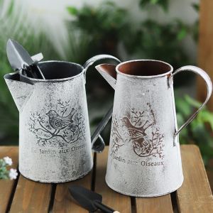 EO4MD Empty Iron Art Bucket French Script Birds Iron Container Vintage Pastoral Artificial flowers Vase Artificial flowerss