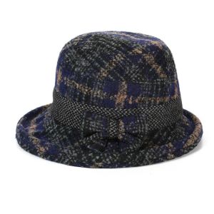 MYTHIS Thickened Warm Womens Woolen Knitted Hat Windproof Tweed Fisherman Hat Fashion Keep Warm Bowler Hat For Ladies