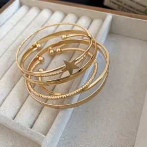 DAN S 6Pcs/7Pcs Metal Star Pentagram Wide Open Bangle Set Gold Silver Europe American Style Exaggerated Bracelet Temperament Alloy Cuff Bangles Kit Women Gift