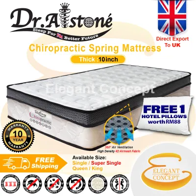 (Limited Offer) Dr.Alstone (K/Q/SS/S) 10 inch (Edition Export to UK) Chiropractic Spring Mattress comprise of 4 inch 360 Air Ventilation Plush Top (10 years warranty) Tilam