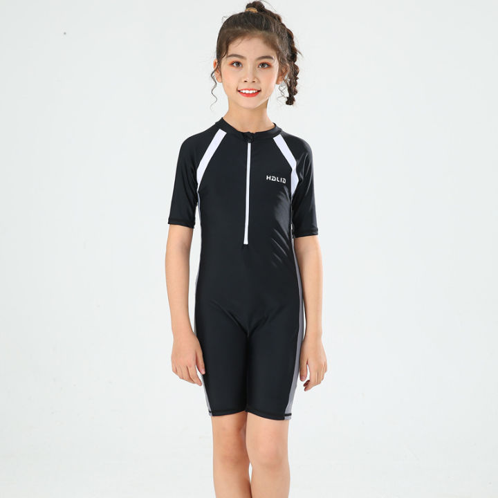 Front Zipper One Piece Swimsuit Short Sleeve Bathing Suit Girls Children  Swimwear Boys Swimming Suit For Kids Baby Rashguard New
