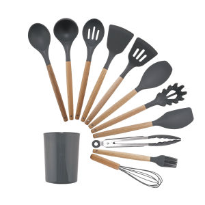 Piece Silicone Kitchen Utensil Set with Wooden Handles Non-Stick Cookware Spatula Spoon