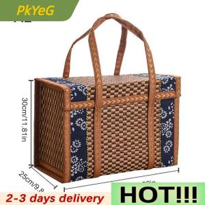 PkYeG Folding Bamboo Woven Fruit Basket Handheld Handle Fruit Shopping Food Basket Picnic Food Storage Basket For Outdoor
