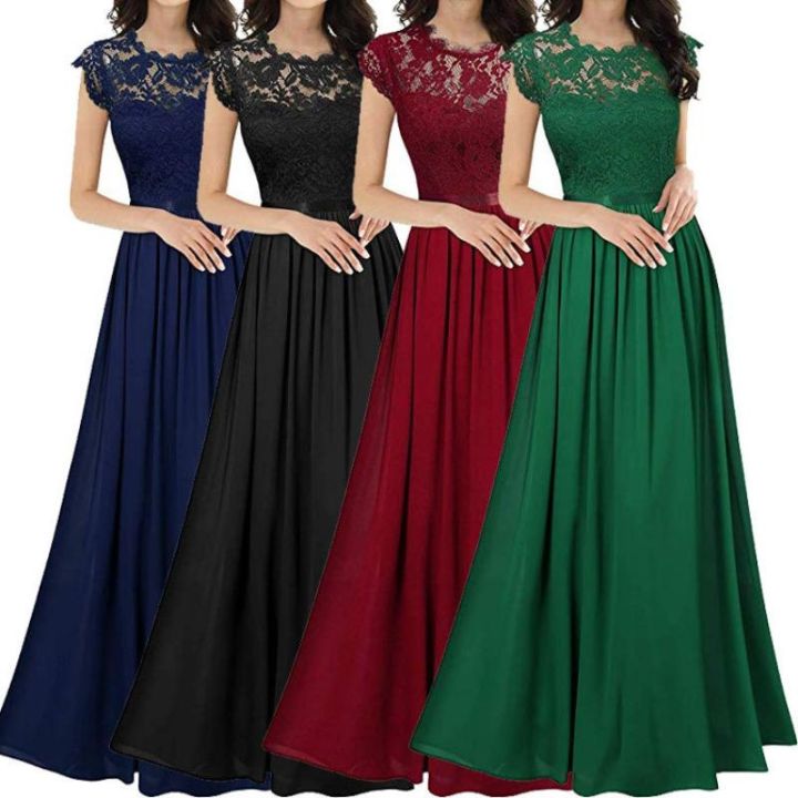 S-XXL Women Evening Dress Lace Chiffon Flare Long Maxi Spring Summer Autumn  Fashion Casual Elegant Sexy Short Sleeve Slim Party Club Black Red Green  Dark Blue | Lazada PH