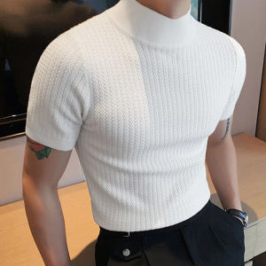 2026 Slim Fit Knitted T-shirt for Men Solid Turtleneck Casual Shirts Mens Short Sleeve Knit Sweater Bottoming Tops Streetwear