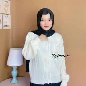 Kardigan Rajut Wanita Motif Polos Kancing Mutiara - Gaya Korea - Ukuran Regular