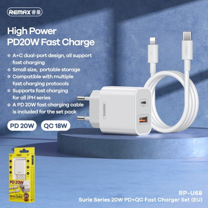 REMAX 20W PD QC Fast Charger Set 1C1A Charger and Cable RP-U68 Surie ...