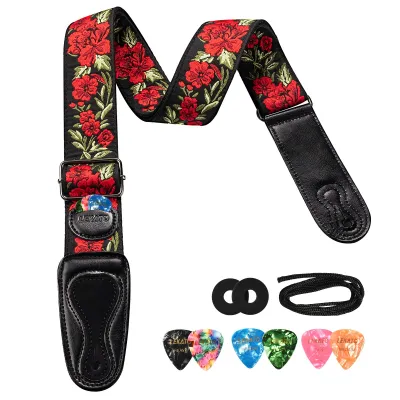 LEKATO LGS-6 Guitar Strap with 6 Picks 2 Locks Adjustable Printing Guitar Strap for Acoustic Electric Bass Guitar