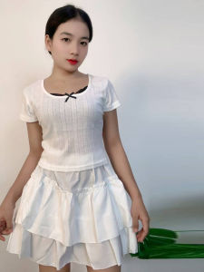 ชุดเซ็ตแฟชั่นใหม่ เสื้อยืดผูกโบว์ + กระโปรงพลีท สวมใส่ดูน่ารัก