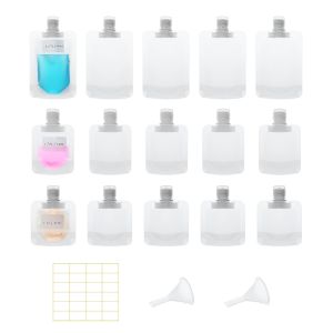 15 Pcs Travel Pouches for Toiletries 30ml/50ml/100ml Leak Proof Squeeze Pouches Refillable Stand Up Pouches with Labels TSA Approved Travel Containers for Shampoo Conditioner