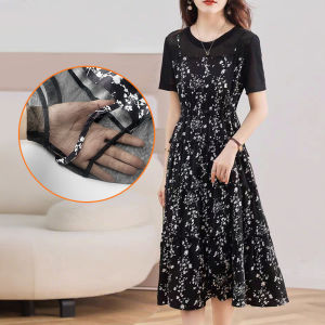 Dress for Women Fashion fake two-piece floral dress new summer dress Korean style slim round neck dress