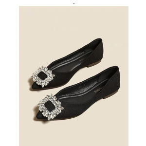 Free Shipping WomenS Flat Shoes New Spring/Autumn Collection Pointed-Toe Shallow-Cut Professional Work Shoes Rhinestone-Embellished Black Fashionable Flats