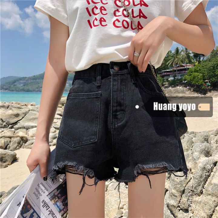 Korean high waist tattered denim shorts for women casual hole wide leg black jeans