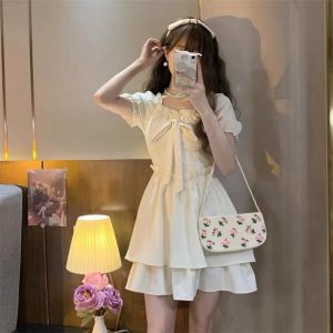 White Dress for Women Korean Fitted Beach Square Neck Bow Puff Sleeve Plain Dress for Graduation COD