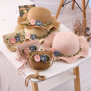【COD+IN STOCK】 Girls Flower Summer Wide Brim Hat Casual Toddler Baby Girls Straw Hat with Shoulder Bag Sun Beach Travel Sunshade Caps