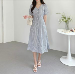 { THABITHA } MC / dress faila stripe / dres / baju kondangan / dres wanita / dress wanita terbaru kekinian / gaun dress pesta mewah elegan / dress korean style / dress wanita korean style kekinian remaja / { free ongkir + cod }