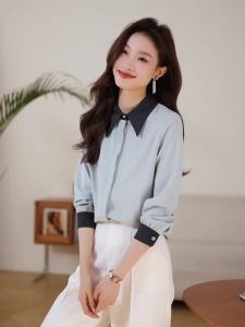 AMMIN Korean Style Fashion Color-Block Lapel Patchwork Design Long Sleeve Commuter Chiffon Blouse for Women 2025 Spring Autumn New Hidden Single-Breasted Design Sense Professional Elegant Blouse