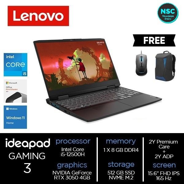 Lenovo IdeaPad Gaming 3i 15IAH7-82S900F1ID /Core i5-12500H/8GB/512GB  SSD/RTX3050 11 Home+OHS 2021/Onyx Grey Lazada Indonesia